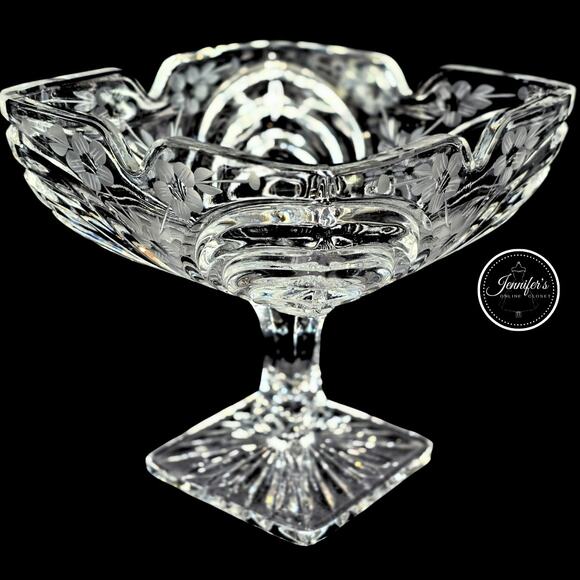 Vintage Hand Cut Frosted Etched Floral Crystal Square Pedestal Compote Dish - Picture 7 of 16
